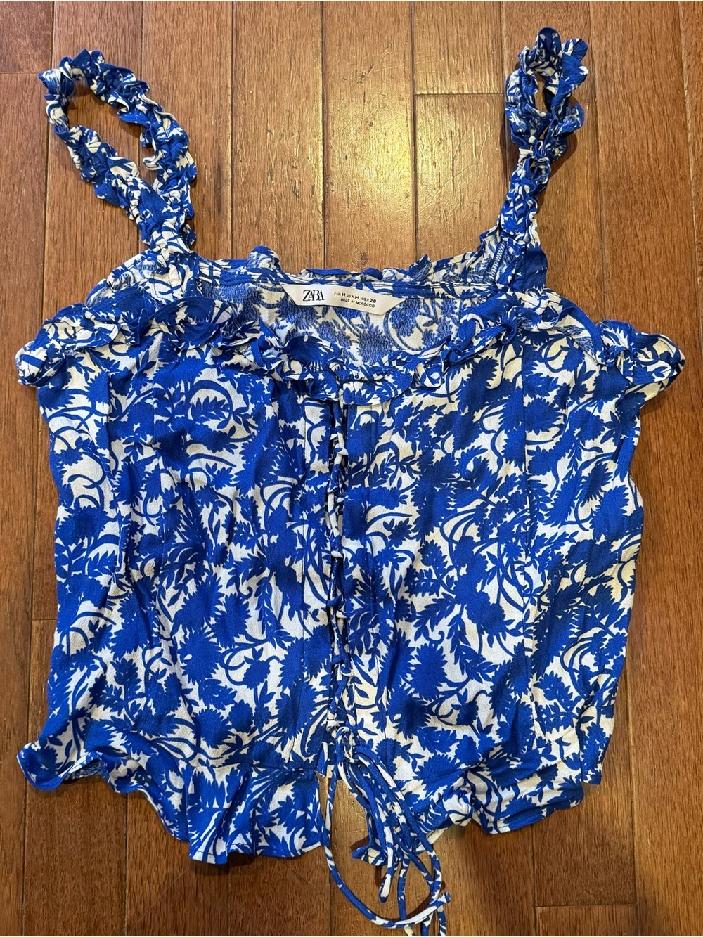 Zara Blue and White Floral Ruffle Lace Up-Front Camisole